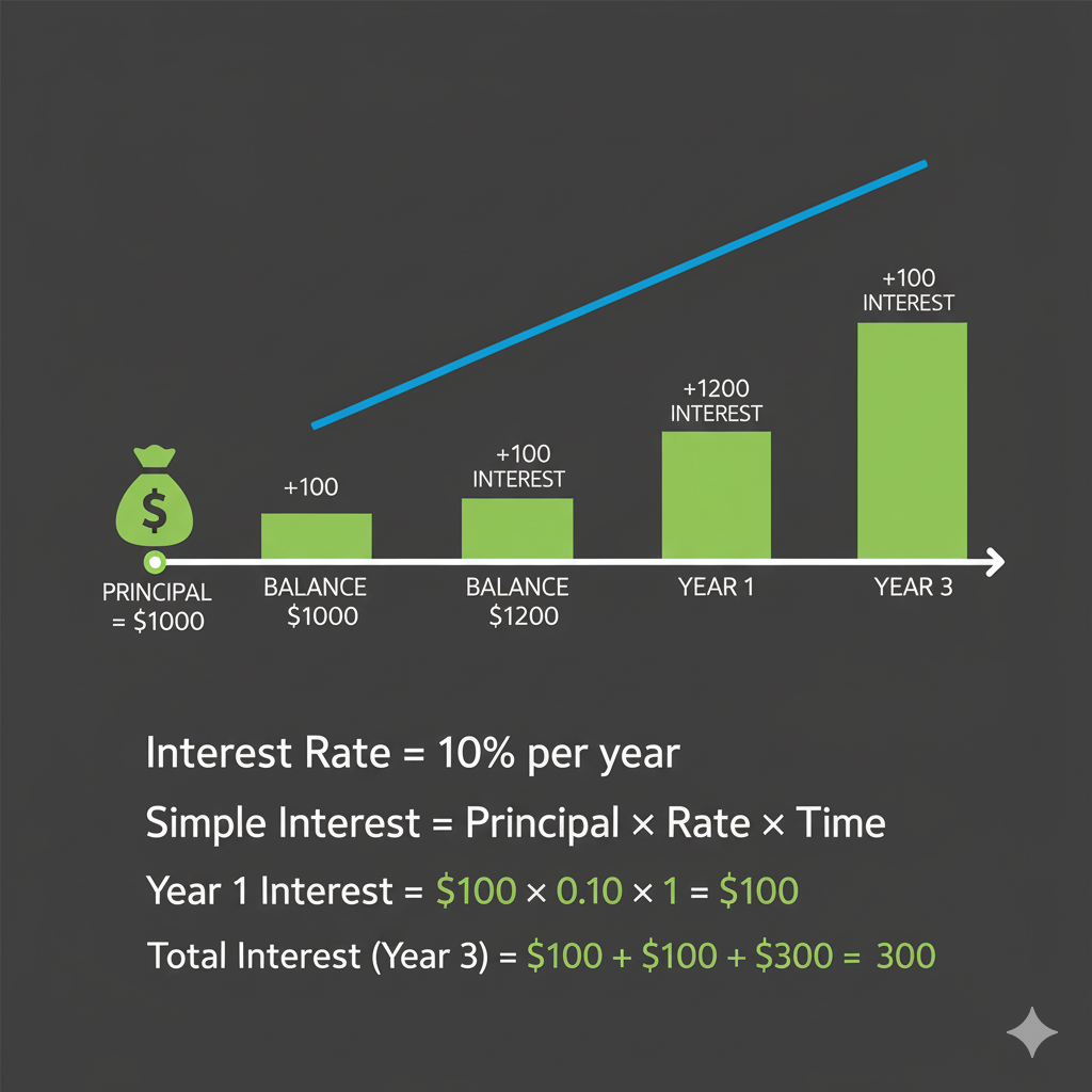 Visual diagram showing simple interest calculation with timeline, money growing linearly over time, clean mathematical illustration with charts and numbers